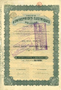 Akcja o nominale 250 Fr belg. na okaziciela, I emisji Towarzystwa Przedsiębiorstw Elektrycznych w Polsce SA (ELECTROPOL) z roku 1923